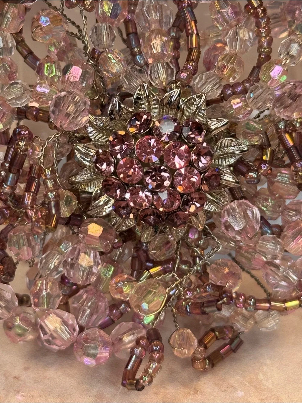 Vintage Purple & Pink Beaded Floral Statement Brooch Silver Tone Lot B24